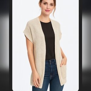 Lafayette 148 Tan / White Ribbed Open Cardigan